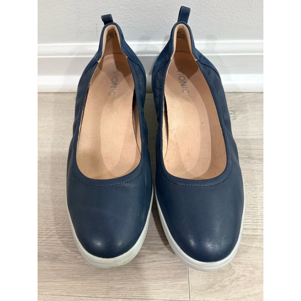 Vionic Jacey Navy Blue Leather Suede Wedge Slip On Sneakers Womens 10 Orthotic